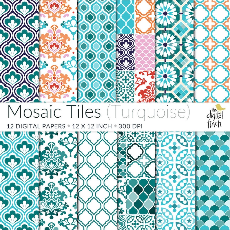 Mosaic Tile Digital Papers in Turquoise Moroccan Persian Scrapbooking ...