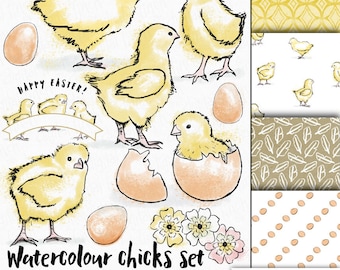 Easter chicks clip art - watercolor clipart with coordinating backgrounds - instant download - royalty free -commercial use