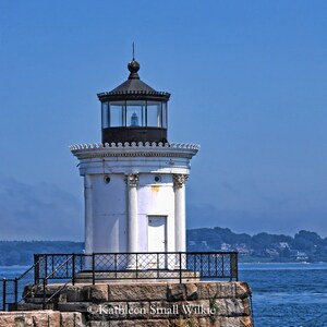 May include: A white lighthouse with a black top and a small, glass-enclosed lantern room. The lighthouse is situated on a stone foundation with a black metal fence. The background features a blue sky and water.