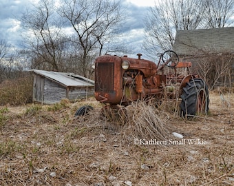 May include: An aged, rusty orange tractor sits in a field of dry grass. The tractor has large rear tires and a small front tire. A small wooden shed and a barn are in the background under a cloudy sky.