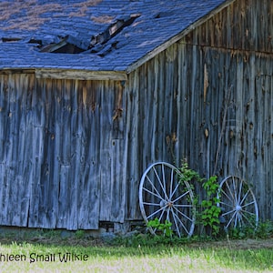 old barn,old barn with wagon wheels,old rustic barn,wagon wheels,unique gifts,wall art,gift idea,Etsy find,trending,rustic art,country art