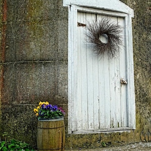 The Old Door,old white door,twig wreath,stone building,home decor,Pennsylvania,unique gift,wall art,rustic door,gift idea,Etsy find,trending