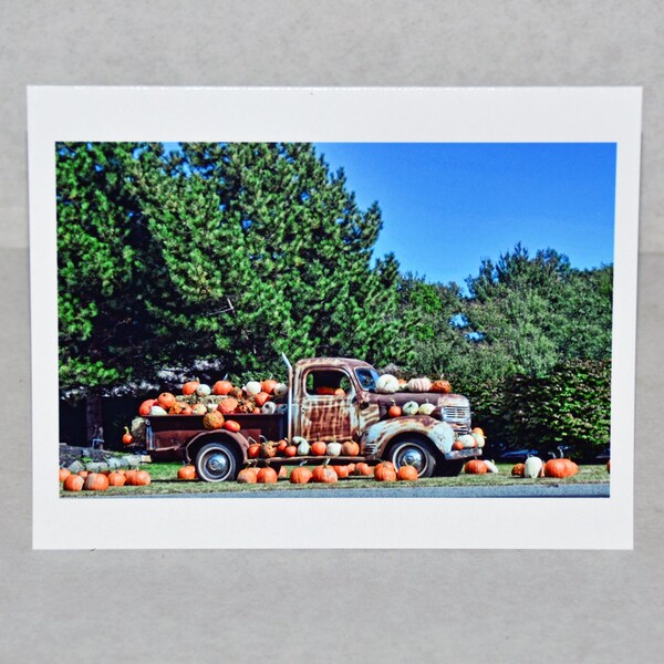 pumpkin truck card,pickup truck,Etsy find,photo card,colorful notecard,trending,vehicle photography,unique card,autumn photography,OOAK