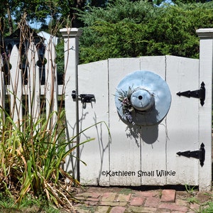 Hat on Gate,decorative fence,historic district,blue hat,Connecticut,decorative gate,white picket fence,Etsy finds,unique gifts,wall art