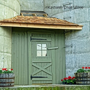 green door,flower barrels,rustic art,stone building,home decor,Pennsylvania,unique gift,wall art,rustic door,gift idea,Etsy find,trending