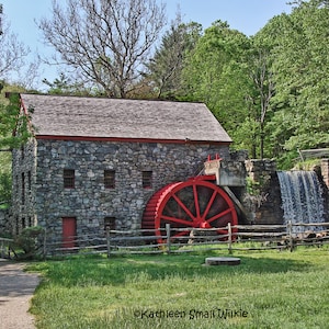 Wayside Inn Grist Mill,stone grist mill,Sudbury MA,working grist mill,red waterwheel,Etsy find,stone building,picturesque building,trending