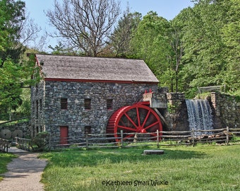 Wayside Inn Grist Mill Print, Sudbury MA, Red Waterwheel