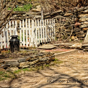 antique wagon wheel,rustic wagon wheel,old wagon wheel,milk can,picket fence,stone wall,Etsy find,unique gift,gift idea,wall art,home decor