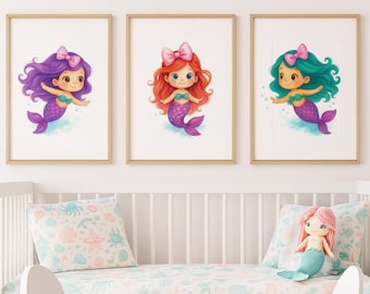 Baby zeemeermintrio kinderkamer muurkunst – Afdrukbare decoratie meisjeskamer | Blauwgroen en paars oceaanthema | Aquarellook