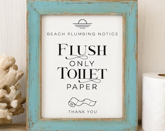 Afdrukbaar berichtbord sanitair strand • Decor badkamer aan kust • Bordje Airbnb-vakantiewoning • Herinnering toiletpapier doorspoelen • Direct downloaden