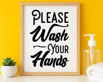 Minimalistisch badkamerbord 'Was je handen alsjeblieft' – moderne afdrukbare muurkunst voor Airbnb, thuis of op kantoor