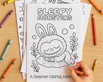 Labubu sleepover thema kleurboek – afdrukbare op Labubu geïnspireerde pyjamafeestactiviteit – schattige kawaii konijnenmonsters pdf-download