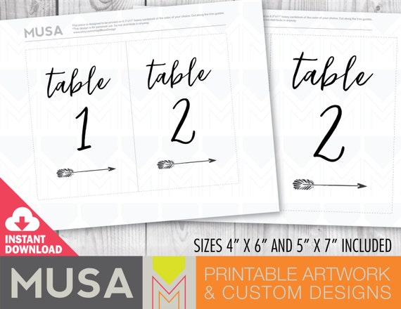 wedding table numbers with arrow accent size 4x6 and 5x7 included