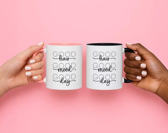 Good Hair Good Mood koffiemok, inspirerende mok, cadeau voor haar, schattig koffiekopje, dagelijkse motivatie, zwart-witte mok