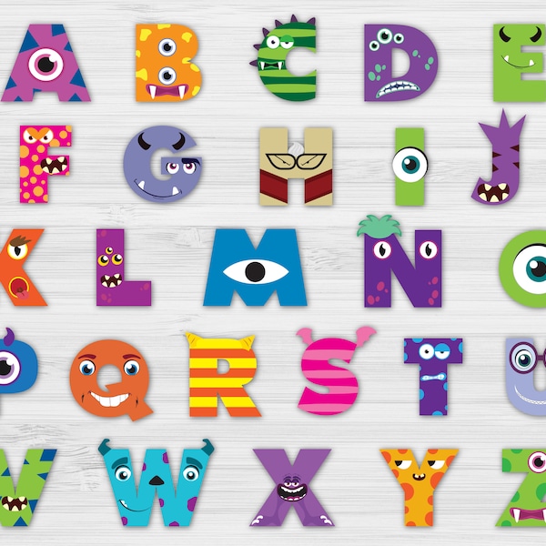 INSTANT DOWNLOAD / Monsters Themed Alphabet with transparent backgrounds / Clipart / Custom banner