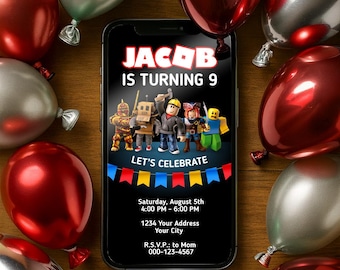 Bewerkbare uitnodiging voor gamerfeest – digitale download mobiele sjabloon voor verjaardag kinderen – Corjl Invite