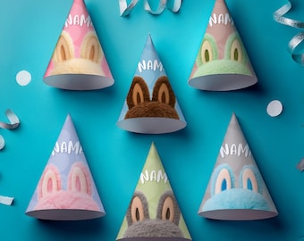 Bunny Ears bewerkbare feestmutsen • 6 afdrukbare ontwerpen • Corjl aangepaste verjaardagshoedsjabloon • Instant download voor kinderfeestje