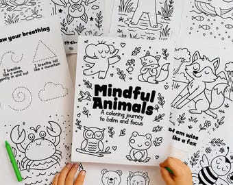 Kleurboek Mindful Animals voor kinderen – afdrukbare SEL- en yoga-activiteiten • Calm Focus Mindfulness • Emoties kleuterschool (pdf)