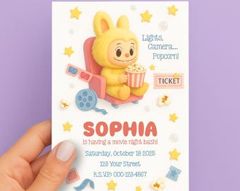 Verjaardagsuitnodiging filmavond – bewerkbare 5 x 7 Labubu-geïnspireerde schattig monsterfeestje | Direct downloaden | Afdrukbare uitnodiging