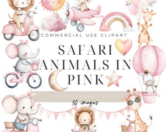 Watercolor Safari Animals in Pink Clipart Set, Nursery Baby Shower Graphics, Digital Download, Commercial License