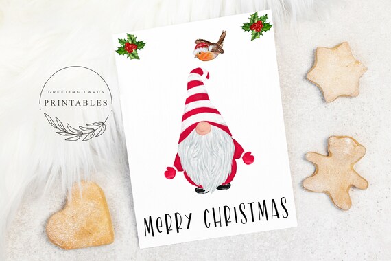 Printable Christmas Card, Digital Download, Christmas Greeting Card, Gnome Greeting Card for Christmas, Printable Card, 5x7 Christmas Card Il_570xn