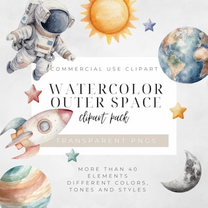水彩画の宇宙クリップアート：宇宙飛行士と惑星の宇宙PNGイラスト（デジタルダウンロード、商用ライセンス）