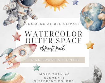 Watercolor Space Clipart: Cosmic PNG Illustrations with Astronauts & Planets (Digital Download, Commercial License)
