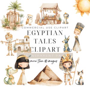 May include: Watercolor clipart set with an Egyptian theme. Includes illustrations of a mummy, pharaohs, pyramids, an owl, a cobra, and other Egyptian-inspired elements. Text reads "EGYPTIAN TALES CLIPART" and "more than 40 images".
