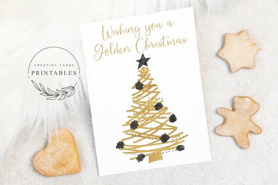 Printable Christmas Card, Digital Download, Golden Christmas Tree Card, Merry Christmas Card, Printable Greeting Card, 5x7 Christmas Card Il_570xn