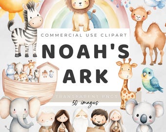 Noah's Ark Clip Art PNG Bundle, Watercolor Biblical Animal Nursery Clipart, Baby Shower Graphics