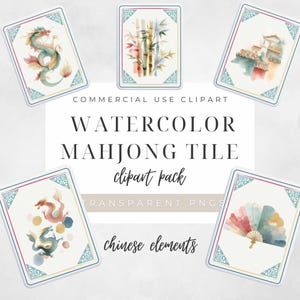 Op de afbeelding: Watercolor Mahjong tegel clipart pack met Chinese elementen. De afbeelding toont vijf tegels met aquarel illustraties van een draak, bamboe, een gebouw en een waaier. De tekst bevat "COMMERCIAL USE CLIPART", "WATERCOLOR MAHJONG TILE clipart pack", "TRANSPARENT PNGS" en "chinese elements".