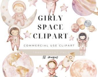 Watercolor Pink Space Clipart: Cosmic PNG Illustrations with Astronauts & Planets (Digital Download, Commercial License)