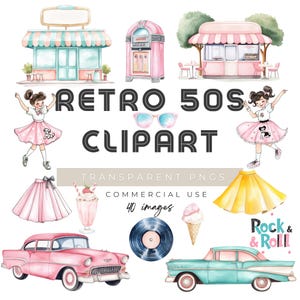 Może przedstawiać: Ilustracje akwarelowe w stylu retro z lat 50. Zawiera restaurację, szafę grającą, samochody, spódnice, koktajle mleczne, lody, płytę winylową i tańczące dziewczyny. Tekst brzmi "Retro 50s Clipart" i "Transparent PNGs Commercial Use 40 images".