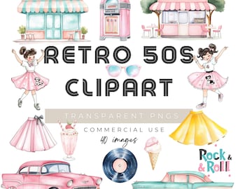 Retro 50s Clipart Bundle Watercolor PNG, Poodle Skirt, Vintage Diner Decor, Digital Download, Commercial License