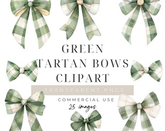 Green Tartan Plaid Bows Clipart, Coquette Ribbon PNG, St. Patrick's Day, Digital Download, Commercial Use