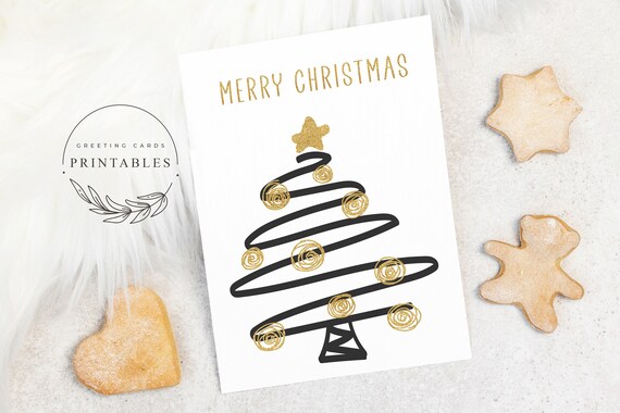 Merry Christmas Card, Digital Download, Golden Christmas Card, Printable Christmas Tree Card, Printable Greeting Card, 5x7 Christmas Card Il_570xn