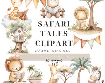 Safari Animals Reading Books Clipart, Jungle Library Classroom PNG, Digital Download, Commercial License
