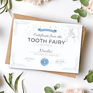 Certificat imprimable de fée des dents, téléchargement numérique, modèle modifiable de toile de note de fée des dents, certificat de première dent, lettre de fée des dents