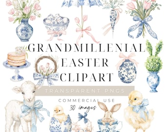 Puede incluir: Conjunto de imágenes prediseñadas de acuarela con ilustraciones temáticas de Pascua. Incluye un cordero, un pollito, un conejito, arreglos florales y huevos decorativos. Los diseños tienen una estética de porcelana azul y blanca con lazos rosas. El texto dice "GRANDMILLENIAL EASTER CLIPART".