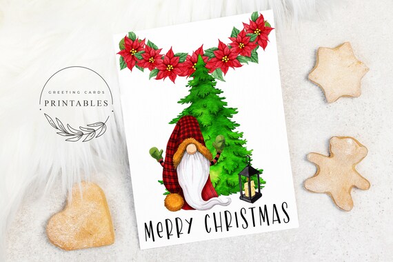 Merry Christmas Card with Gnome, Digital Download, Printable Christmas Card, Gnome Card, Christmas Greeting Card, 5x7 Christmas Card Il_570xn
