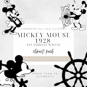 Puede incluir: Paquete de imágenes prediseñadas de Mickey Mouse en blanco y negro con varias poses y un timón. El texto incluye "Mickey Mouse 1928 Steamboat Willie" y "clipart pack". La imagen también indica "Commercial Use Clipart" y "Transparent PNGs".