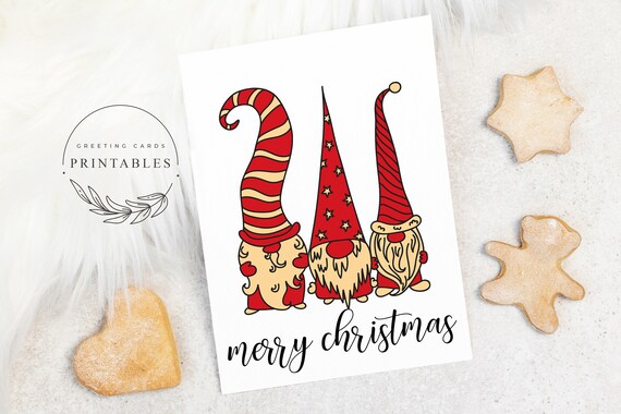 Printable Merry Christmas Card with Gnomes, Digital Download, Gnome Card, Gnome Christmas Card, Christmas Greeting Card, 5x7 Christmas Card Il_570xn