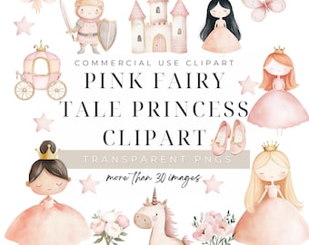 Pink Princess Magical Kingdom Clipart, Digital Download, Fairy Tale PNG Images Bundle, Commercial License