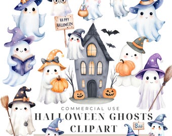 Halloween Ghosts Clipart, Spooky Storybook  PNG Illustrations, Commercial License, Digital Download, Invitations Decor