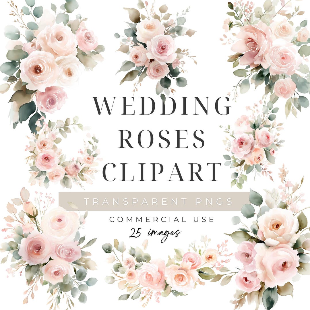 Watercolor Wedding Roses Clipart PNG, Soft Floral Graphics, Elegant ...