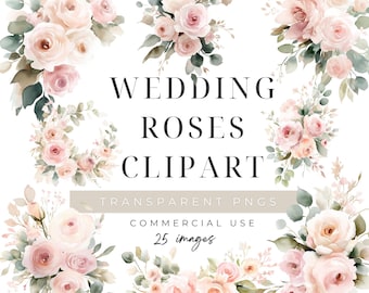 Watercolor Wedding Roses Clipart PNG, Soft Floral Graphics, Elegant Rose Bouquets (Digital Download, Commercial License)