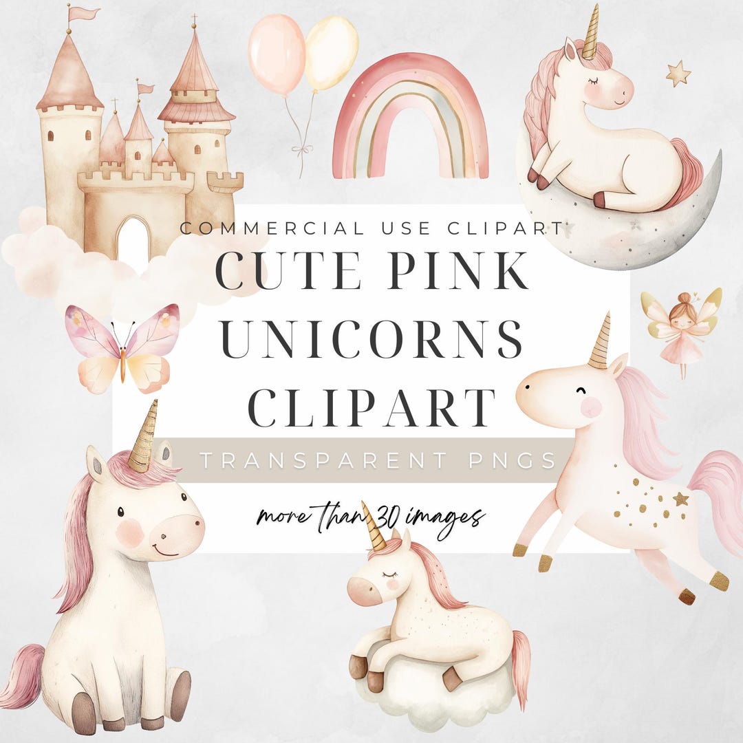 Watercolor Unicorn Clipart: Pink Pastel PNG Bundle (commercial License ...