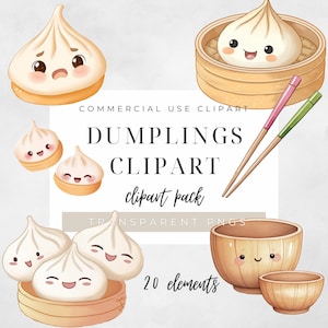 May include: A collection of watercolour dumpling clipart with smiling faces, presented in bamboo steamers and bowls. The image includes chopsticks and the text "DUMPLINGS CLIPART clipart pack".