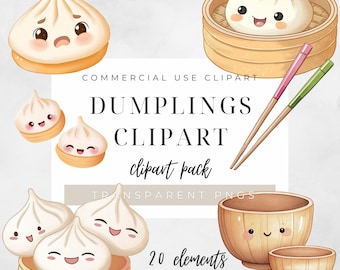 May include: A collection of watercolor dumpling clipart with smiling faces, presented in bamboo steamers and bowls. The image includes chopsticks and the text "DUMPLINGS CLIPART clipart pack".
