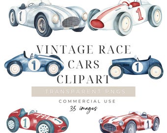 Vintage Race Car Clipart, Retro Sports Car Baby Shower, Digital Download, Commercial Use